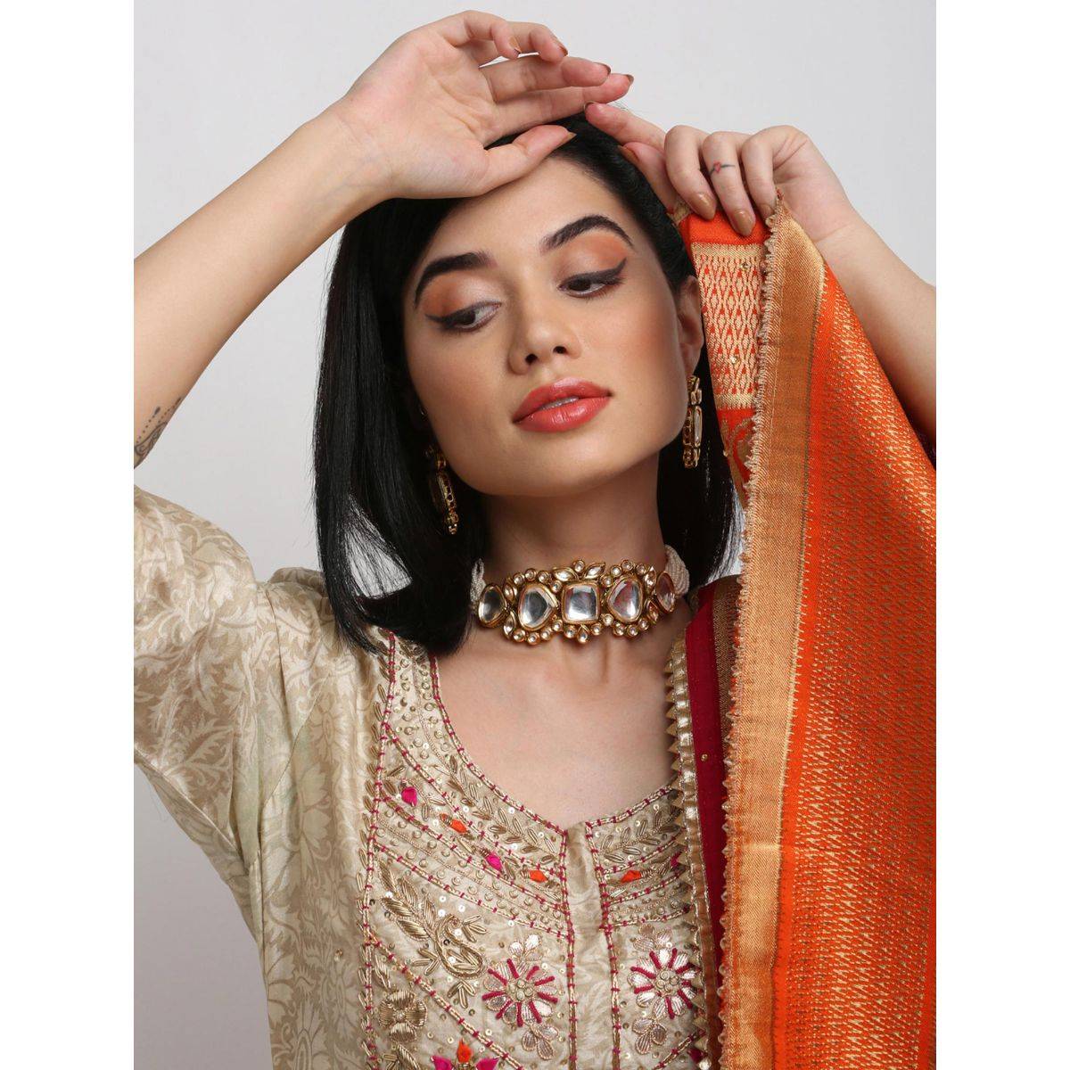 RUBY RAANG STUDIO Gold-Toned White Kundan-Studded Pearl Beaded Handcrafted Meenakari Jewellery Set