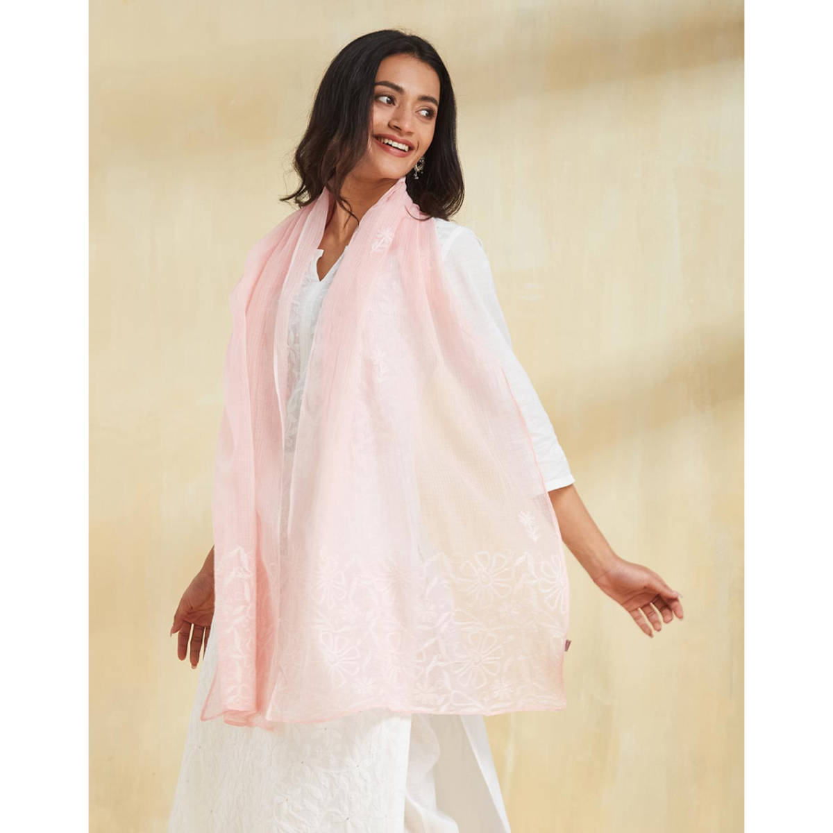 Fabindia Pink Cotton Silk Chikankari Stole