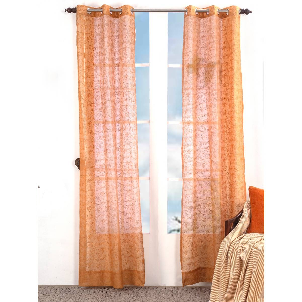 Maspar Chintz Leaves Emb Polyester Embroidery Machine Amber Spice Door Curtain Set of 2