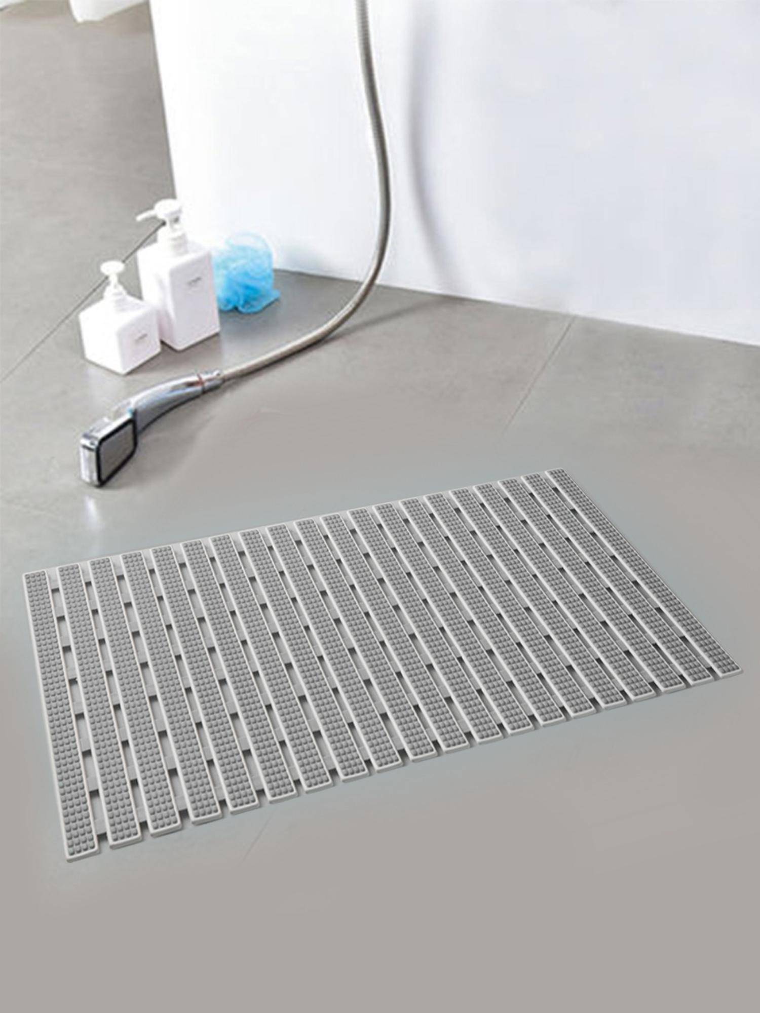 FABINALIV Grey Striped Anti-Skid Rubber Shower Mat with Suction Cups