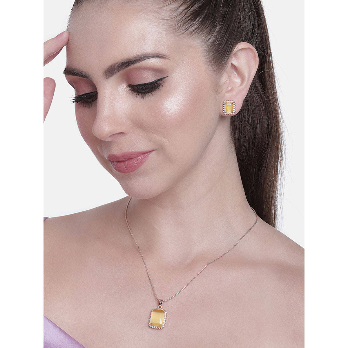 Estele Rose Gold Plated CZ Square Designer Pendant Necklace Set with Yellow Stone For Women