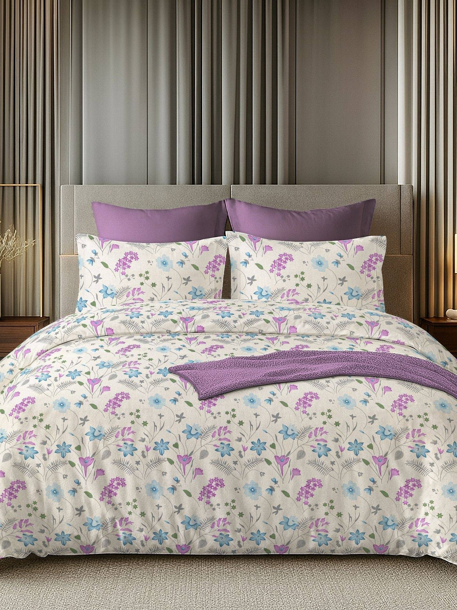 House of Owlet White & Purple 144TC 100% Cotton Flat superking Bedsheet with 2 Pillow Covers