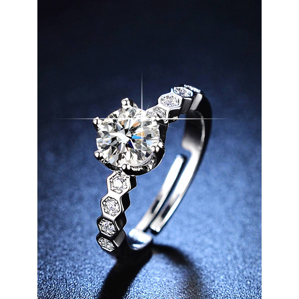 Jewels Galaxy Silver Plated American Diamond Studded Hexagonal Adjustable Finger Ring