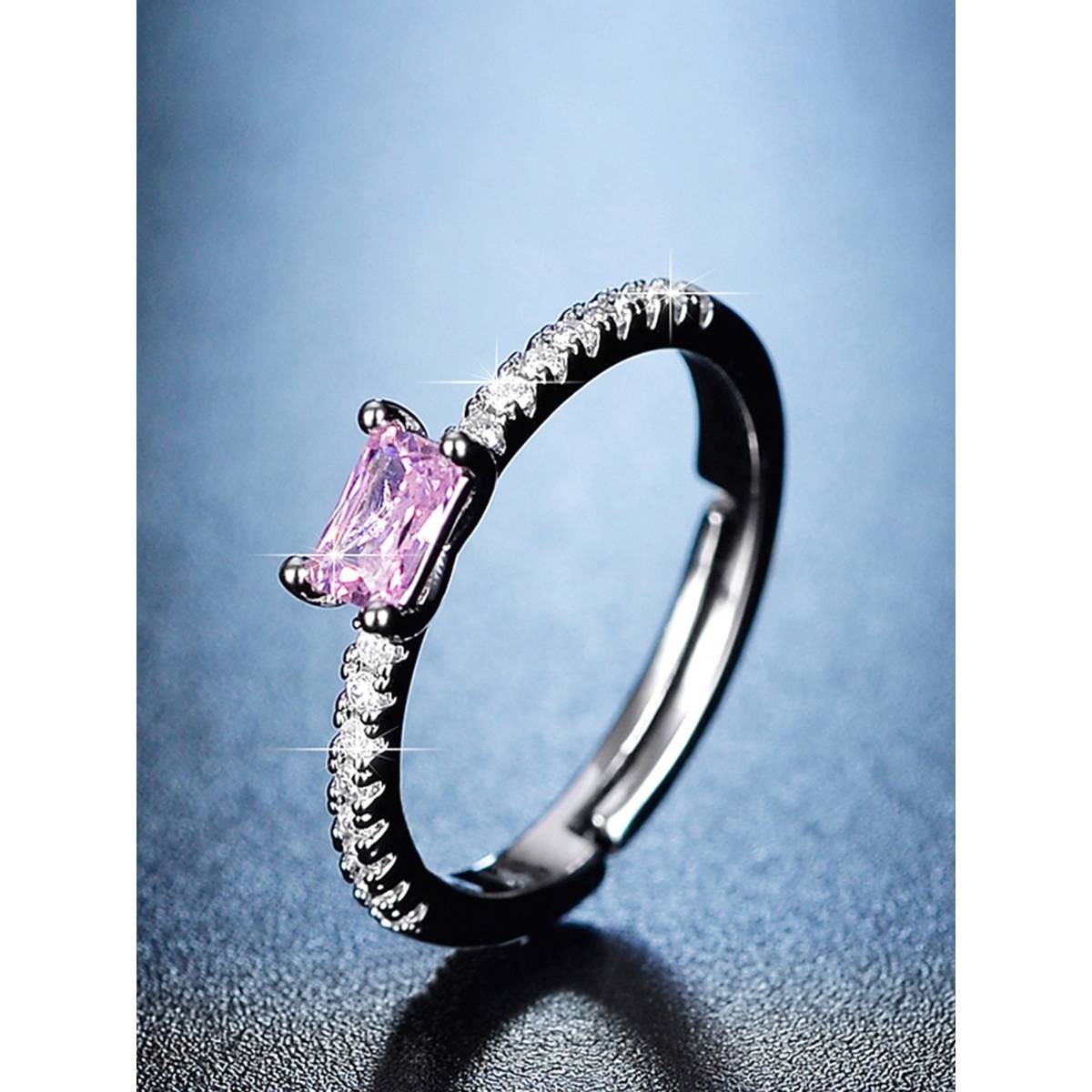 Jewels Galaxy Silver Plated American Diamond Studded Rectangular Pink Stone Adjustable Finger Ring