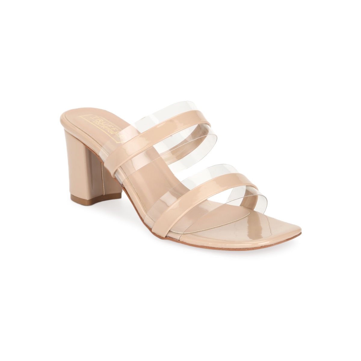 Truffle Collection Nude Patent Perspex Block Heel Mules UK 3