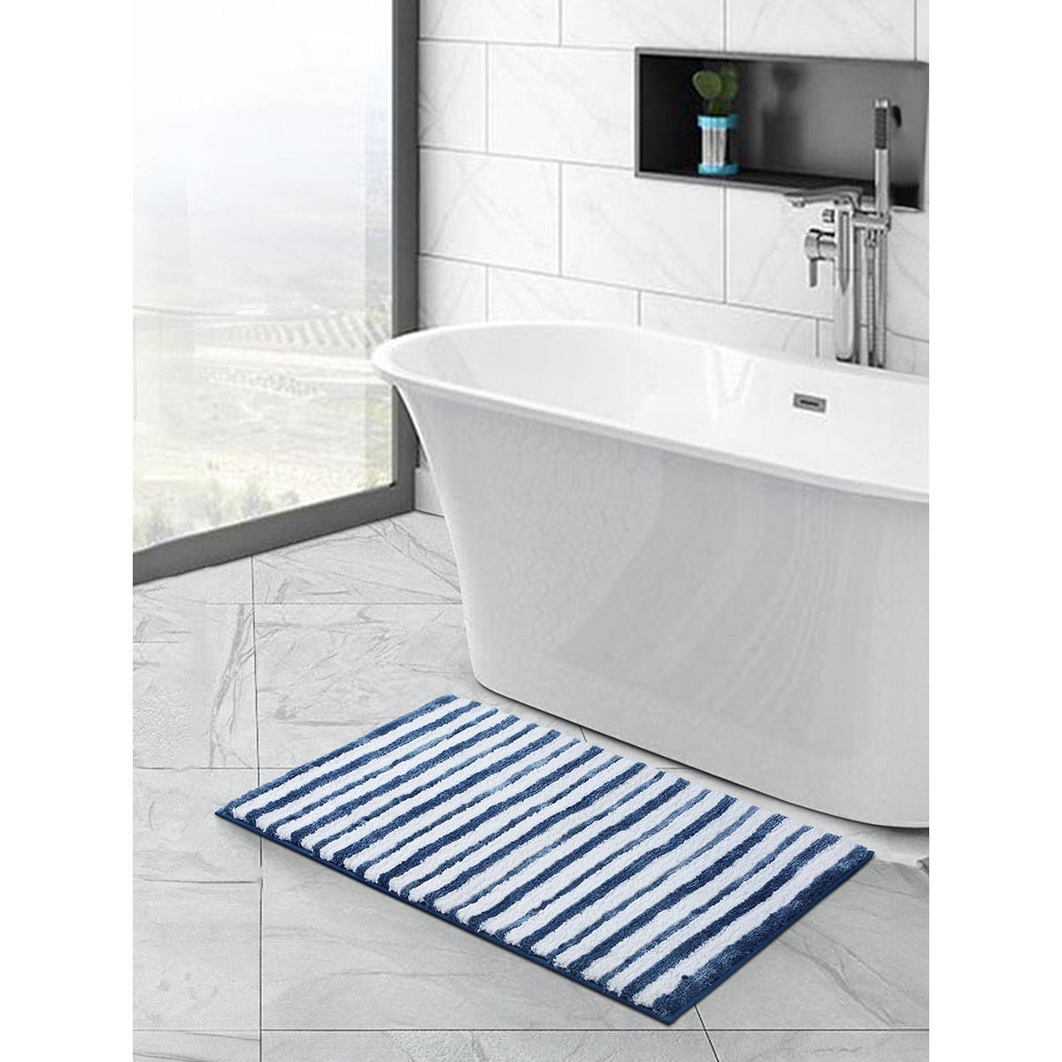 OBSESSIONS Blue Super Soft Anti-Skid Stripe Bath Mat