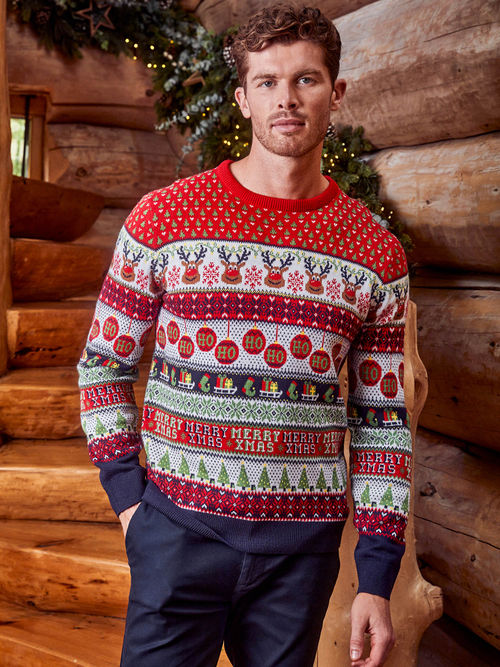 Threadbare Red Reindeer Fair Isle Christmas Sweater