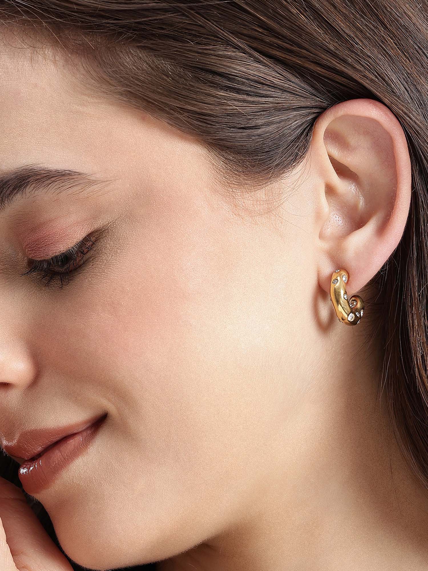 Carlton London Women 18Kt Gold Plated Cz Stone Half Hoop Earrings