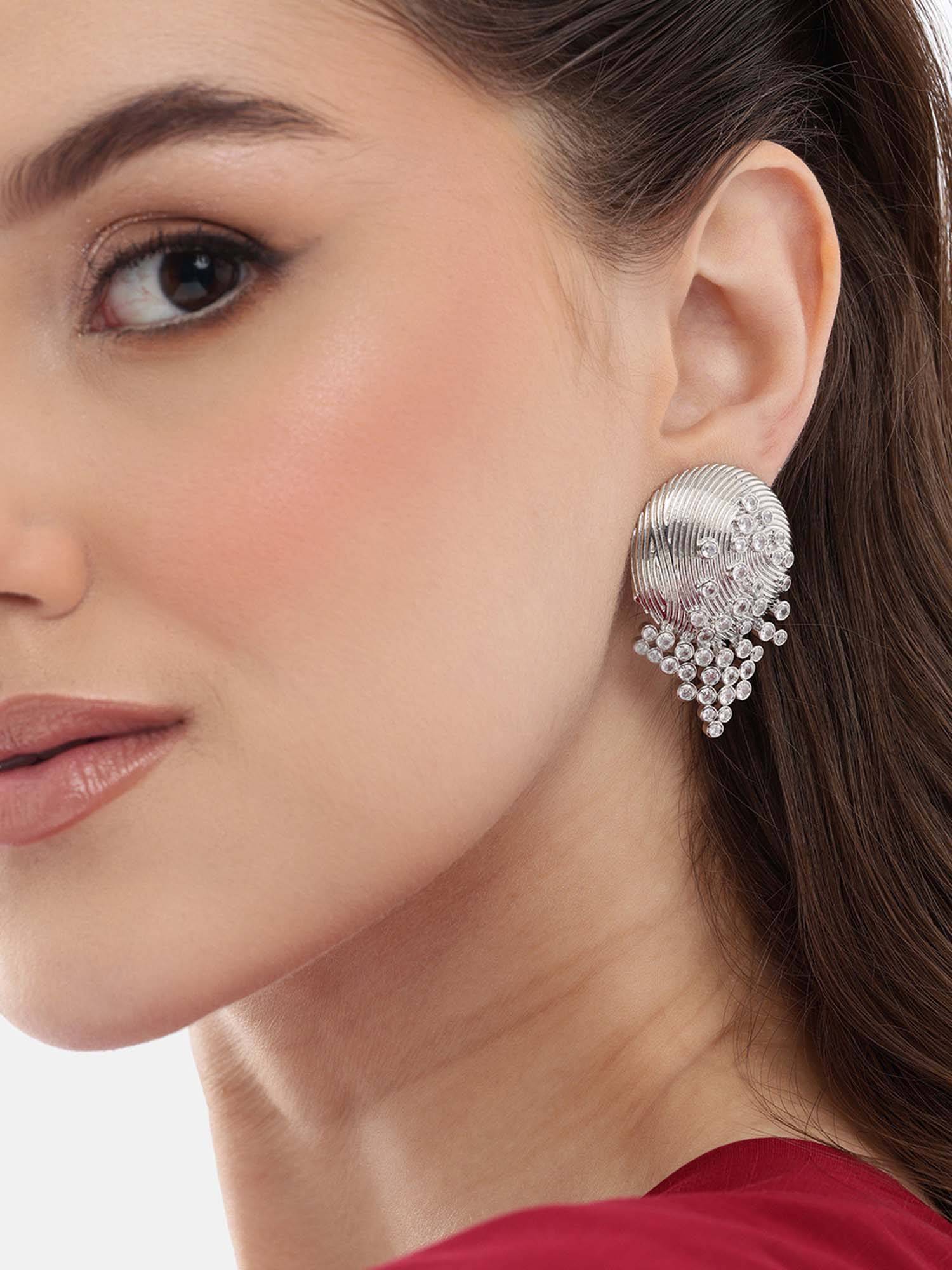 Carlton London Women Silver Plated Cz Stone Drop Earrings