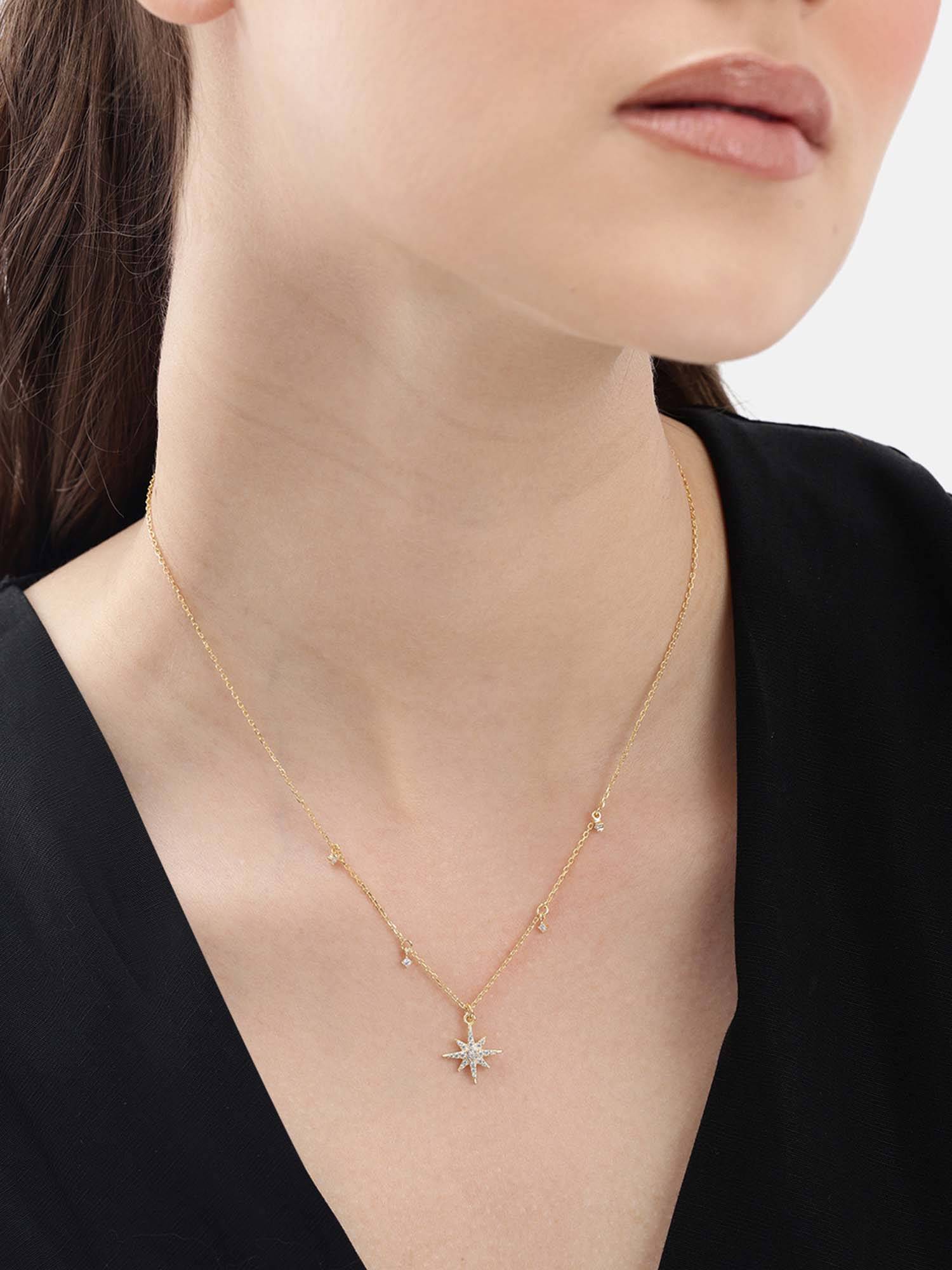Carlton London Women 18Kt Gold Plated Cz Burst Star Pendant Necklace