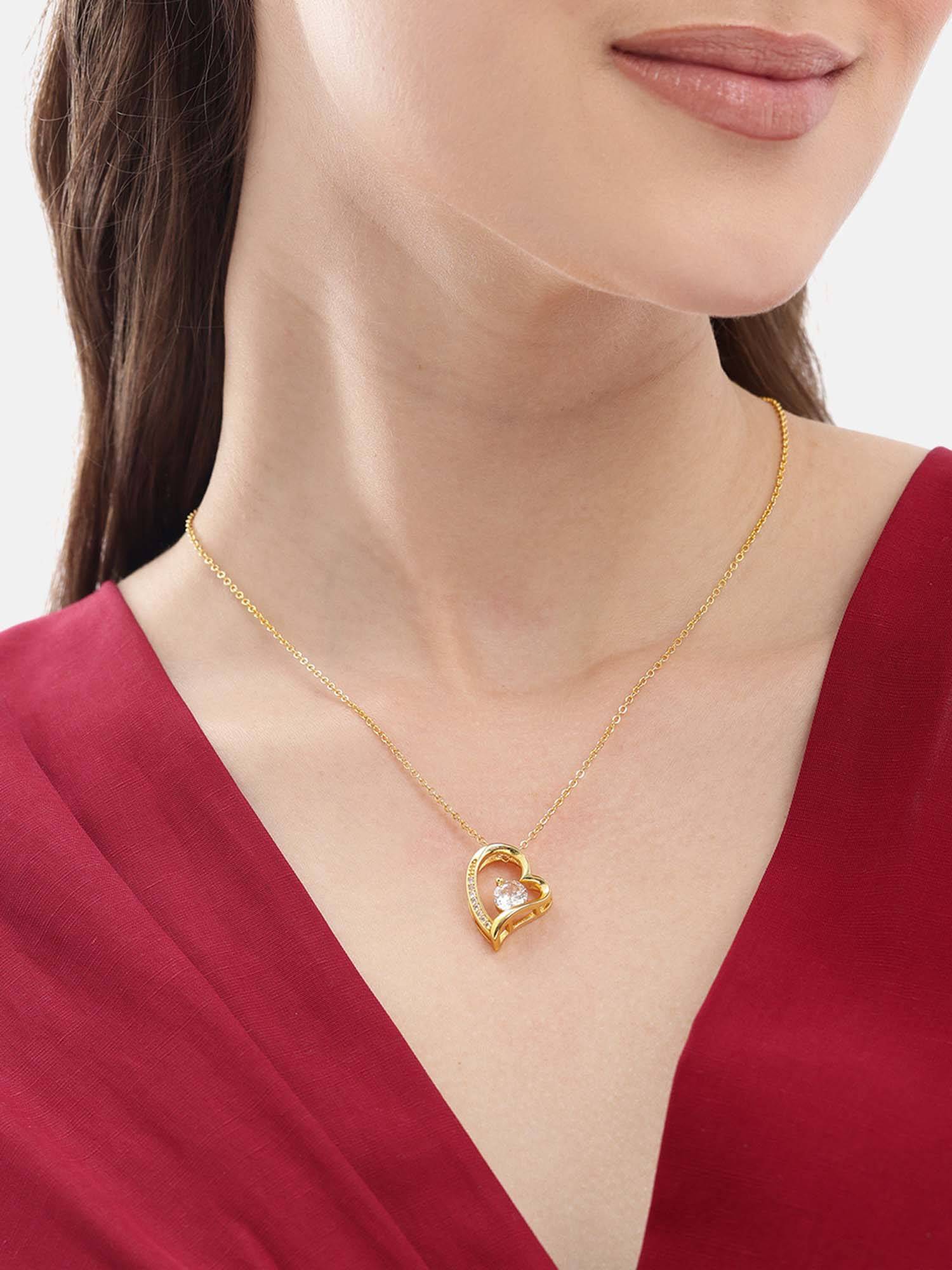 Carlton London Women Gold Plated Cz Solitaire Heart Pendant Necklace