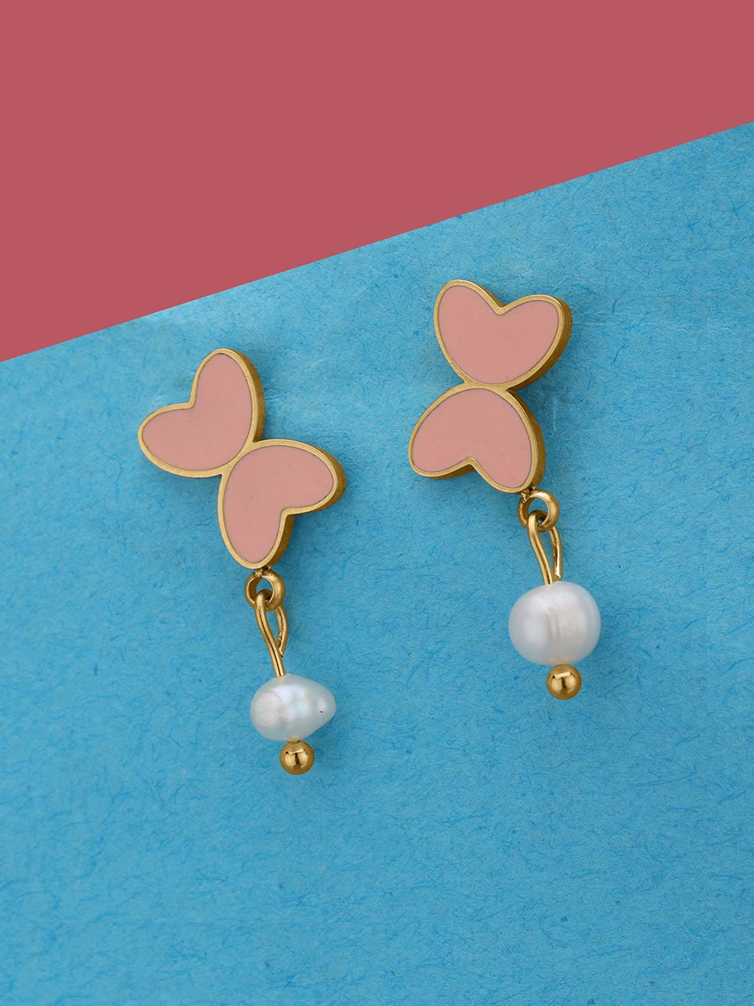 Carlton London Women 18Kt Gold Plated Peach Enamel Butterfly and Pearl Drop Earrings