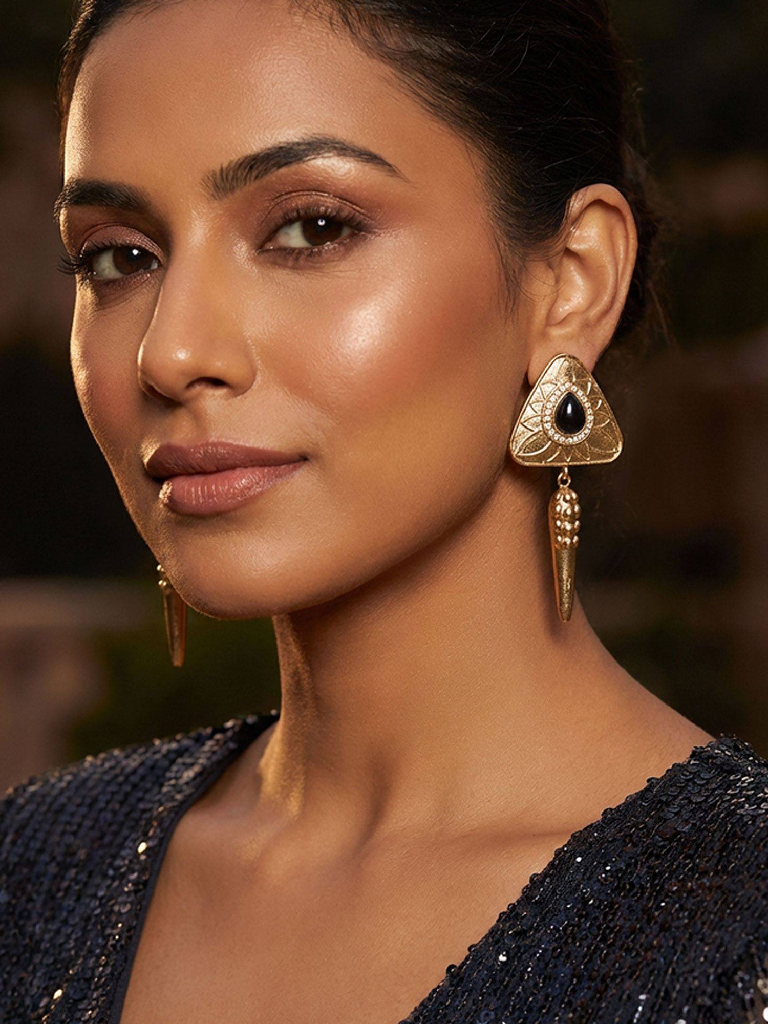 Niscka 18K Gold Plated Black Water Drop Dangler Earrings with White Cz Stones