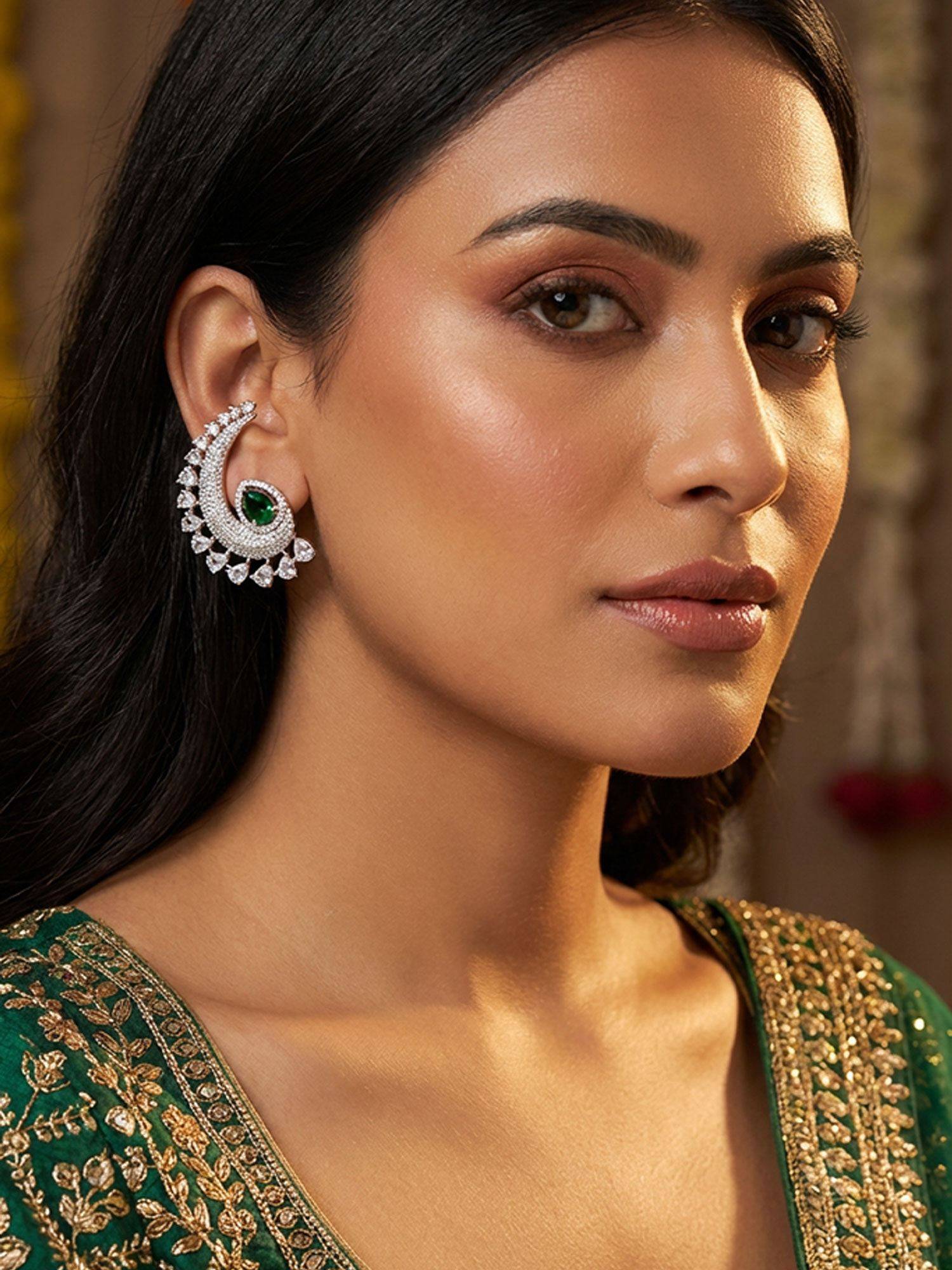 Niscka Rhodium Plated White and Green American Diamond Ear Cuff Earrings