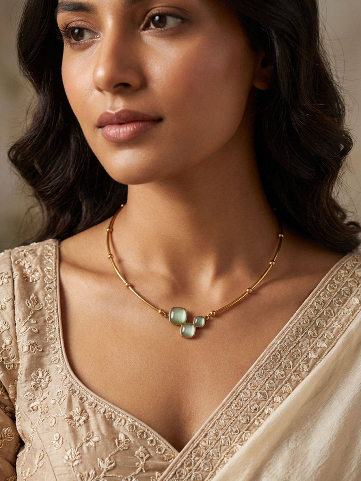 Niscka 24K Gold Plated Chain Pendant with Mint Green Stones