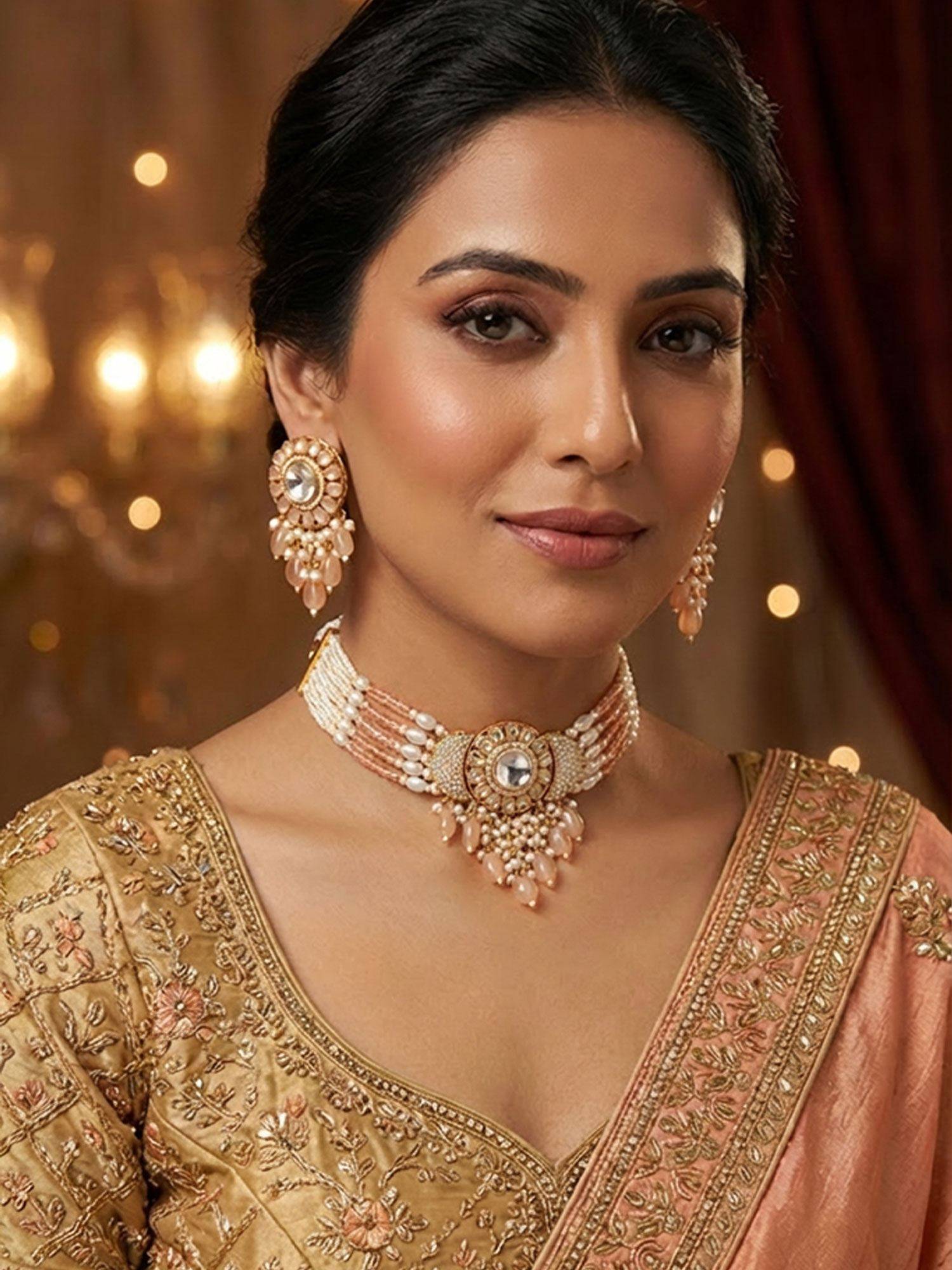 Niscka Multilayered Chain Peach Beads and Kundan Choker Necklace Set with Earrings