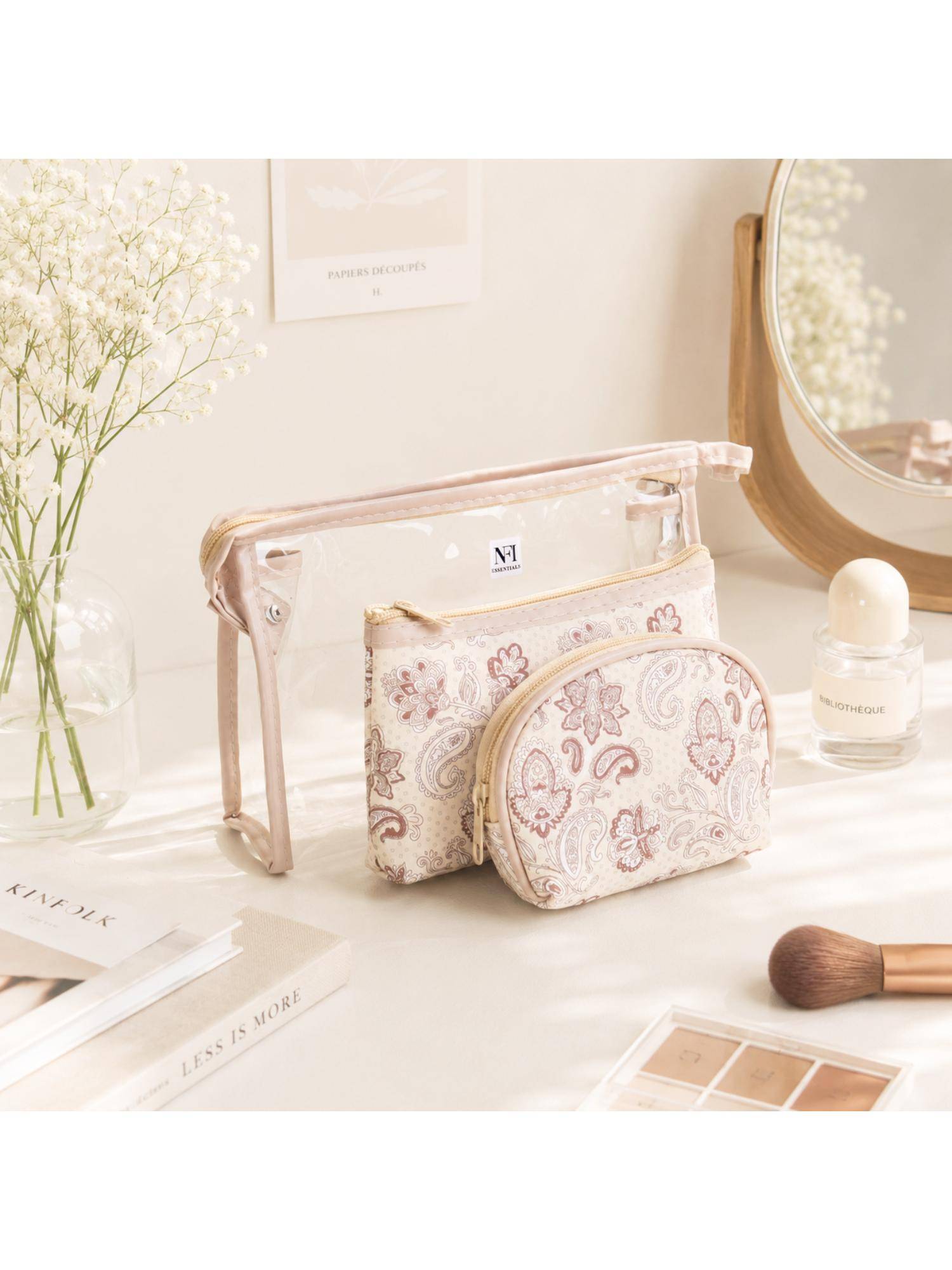 NFI Essentials Beige Cosmetic Makeup Pouch Pouches (Pack Of 3) (L)