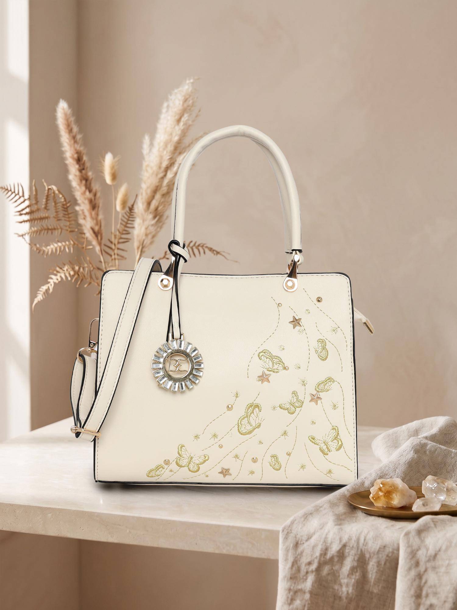 ESBEDA Womens Off White Celestial Butterfly Embroidered Handbag with Sling Strap (M)