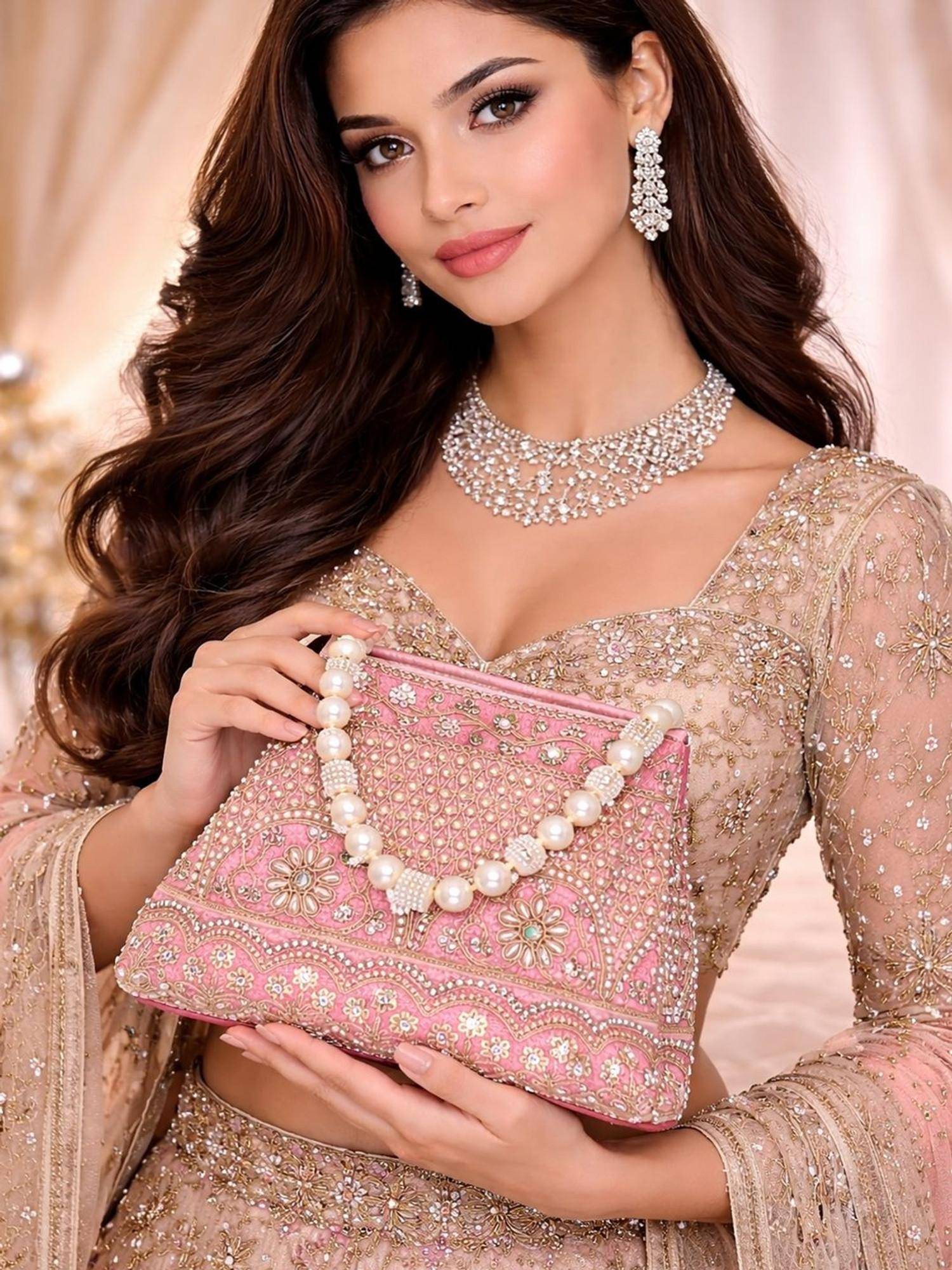 SUGARFRILL Floral Embroidered Pink Pearl Handle Potli Bag