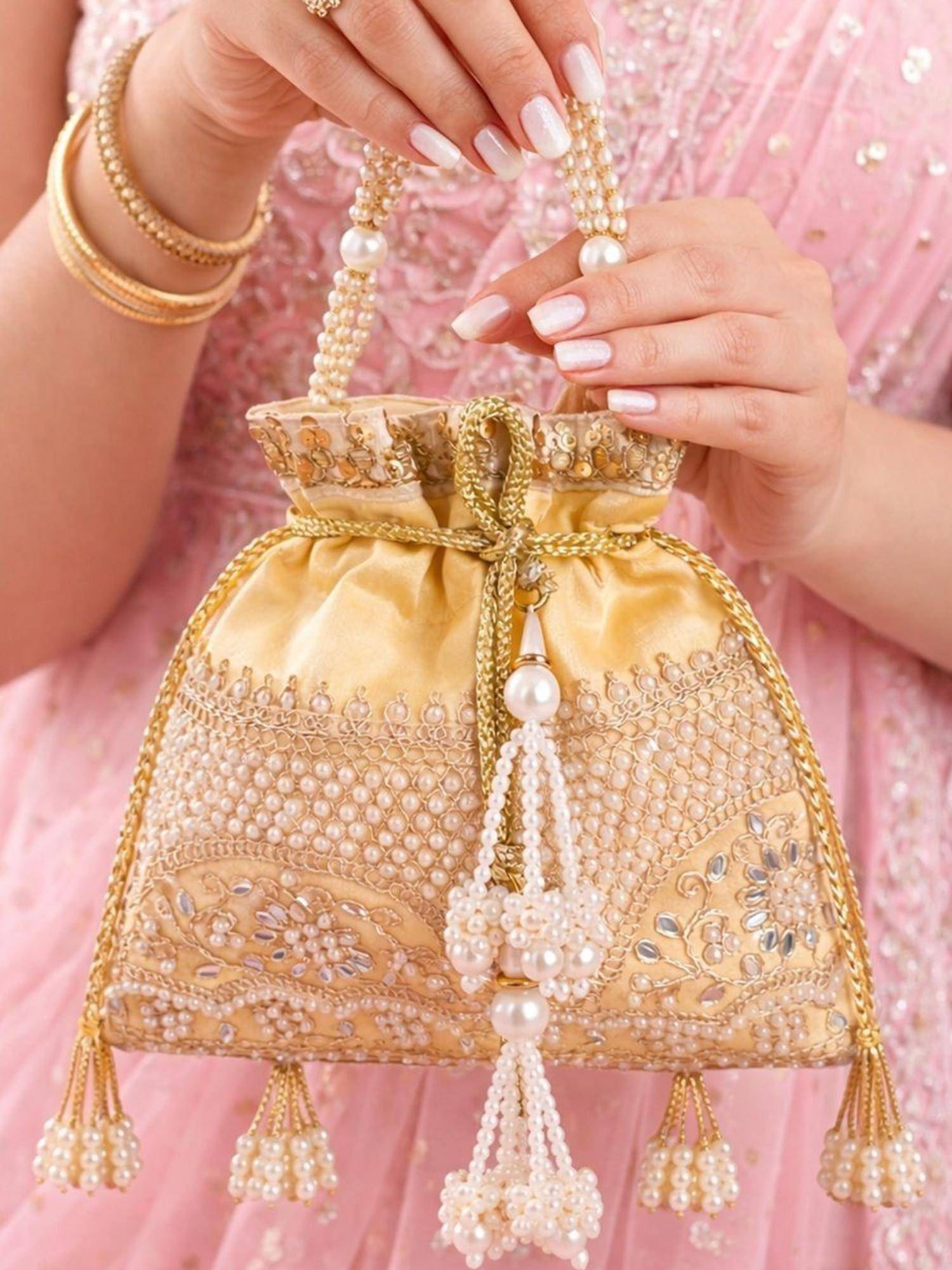 SUGARFRILL Pearl Floral Embroidered Mirror Work Tassels Beaded Handle Potli Bag