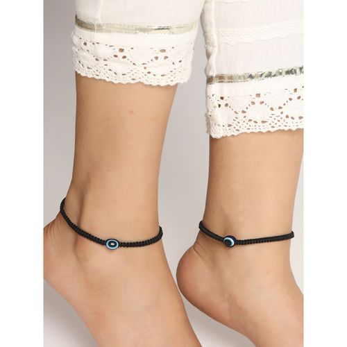 VIRAASI Women Black Blue Evil Eye Beaded Thread Anklets