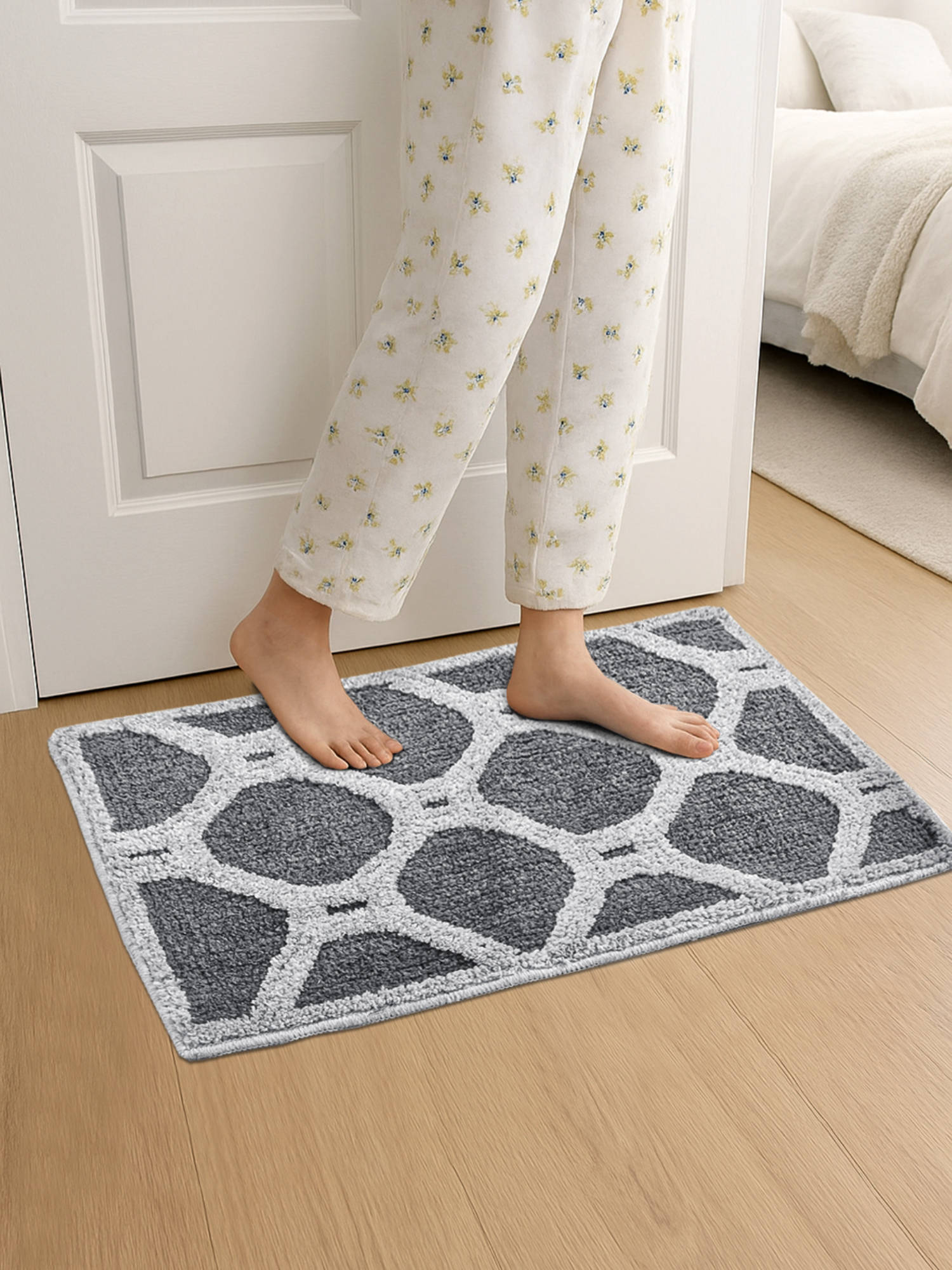 FABINALIV Grey Geometric Cotton Blend Anti Skid Door Mat