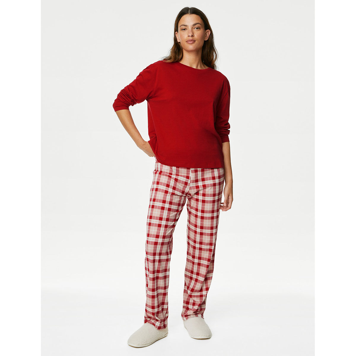 Marks Spencer Pure Cotton Checked Red T-Shirt and Pyjama (Set of 2) (L)