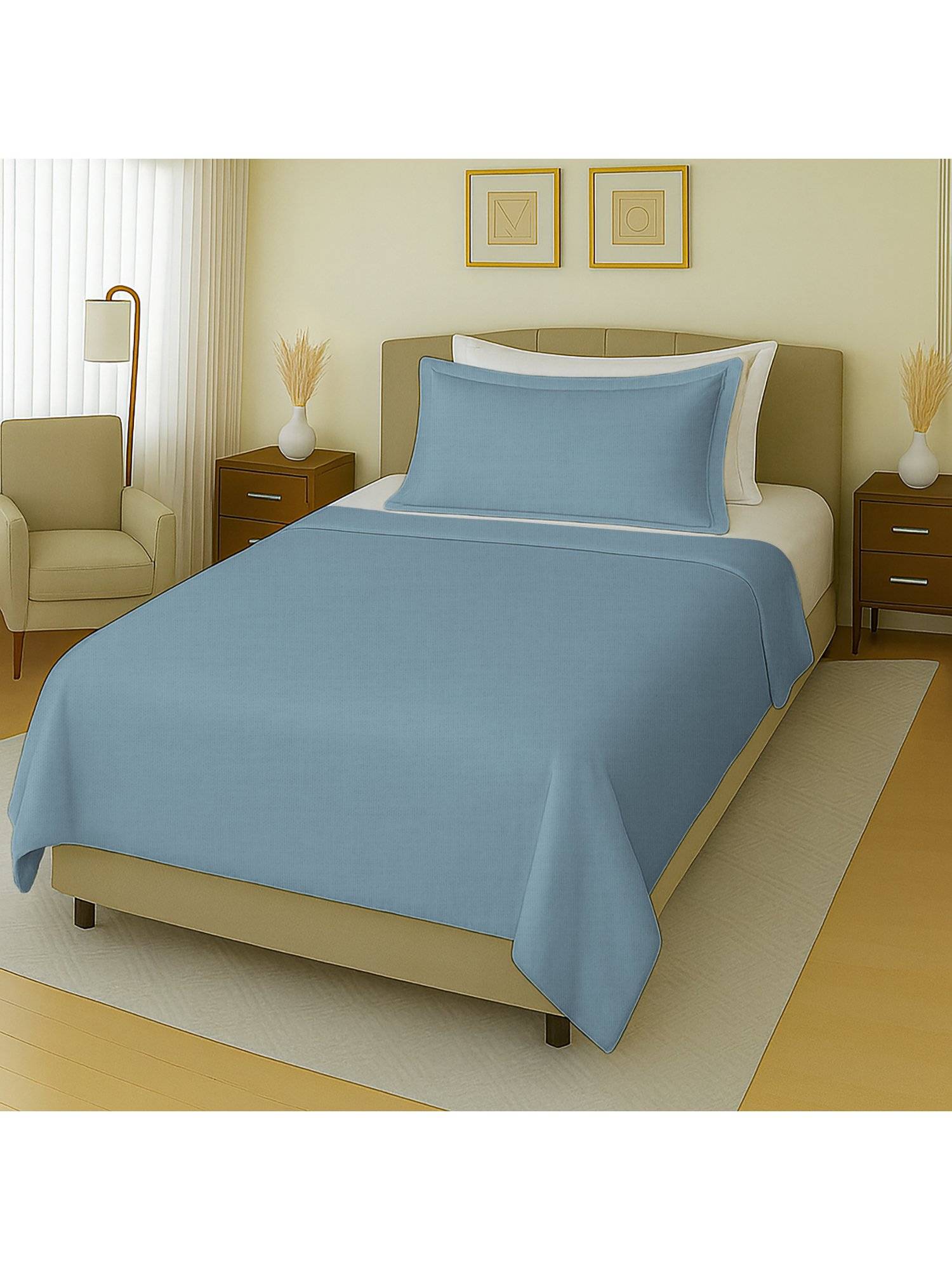 Mayfair Homes London 100% Cotton 144TC Single Bedsheet with 1 Pillow Covers Solid Sky Blue
