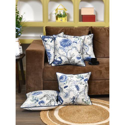 The Home Story Clasiko Cotton Cushion Covers Blue Flowers (Pack of 5)  (16x16 inches)