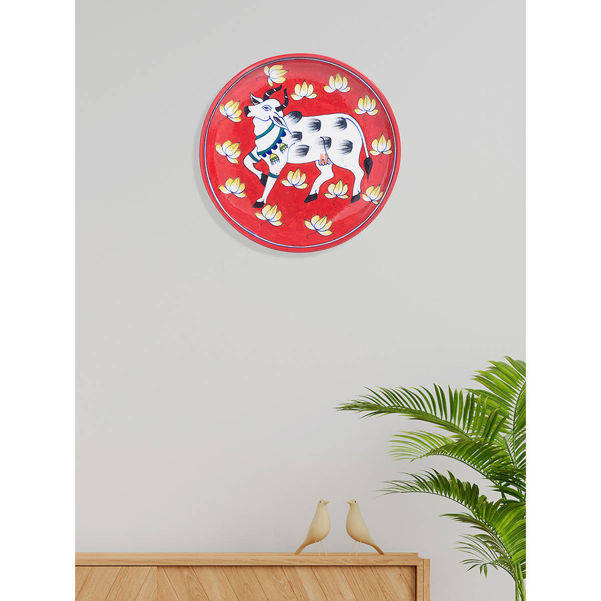 Golden Peacock Red & White Hand painted Pottery Cow Desing Wall Plate