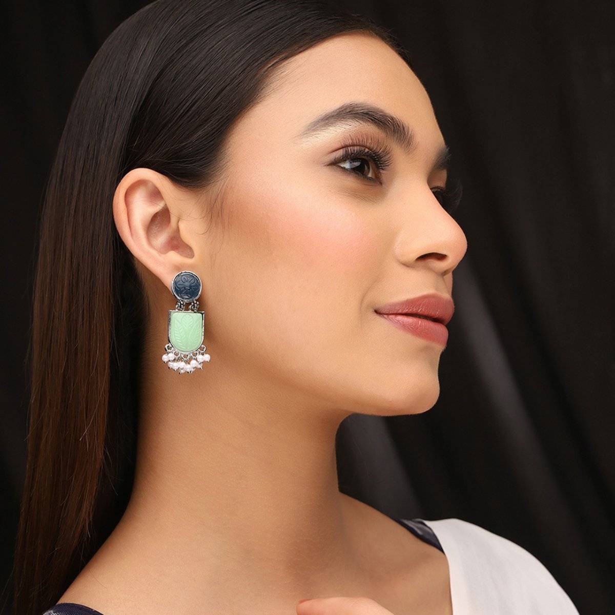 Priyaasi Green and Blue Floral Stones Adorned In Drop Earrings