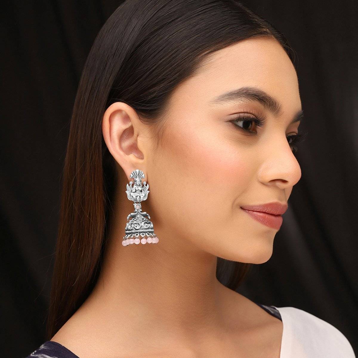 Priyaasi Temple Style Pink Pearls Jhumkas