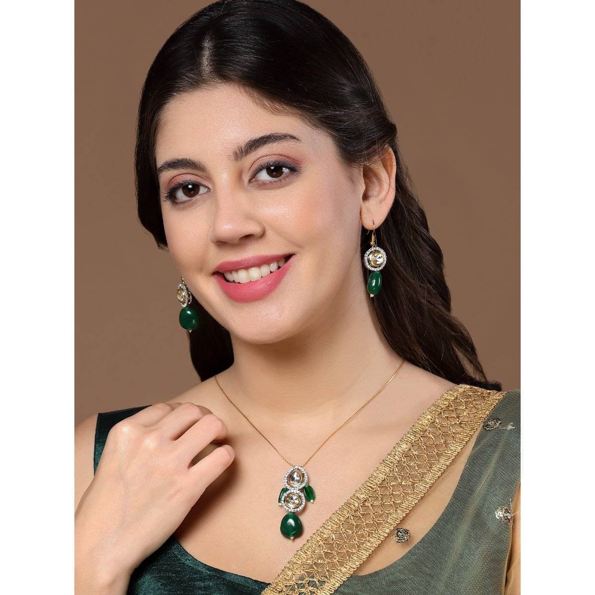 Dugran By Dugristyle Green & White Drop Earring with Kundan & American Diamonds