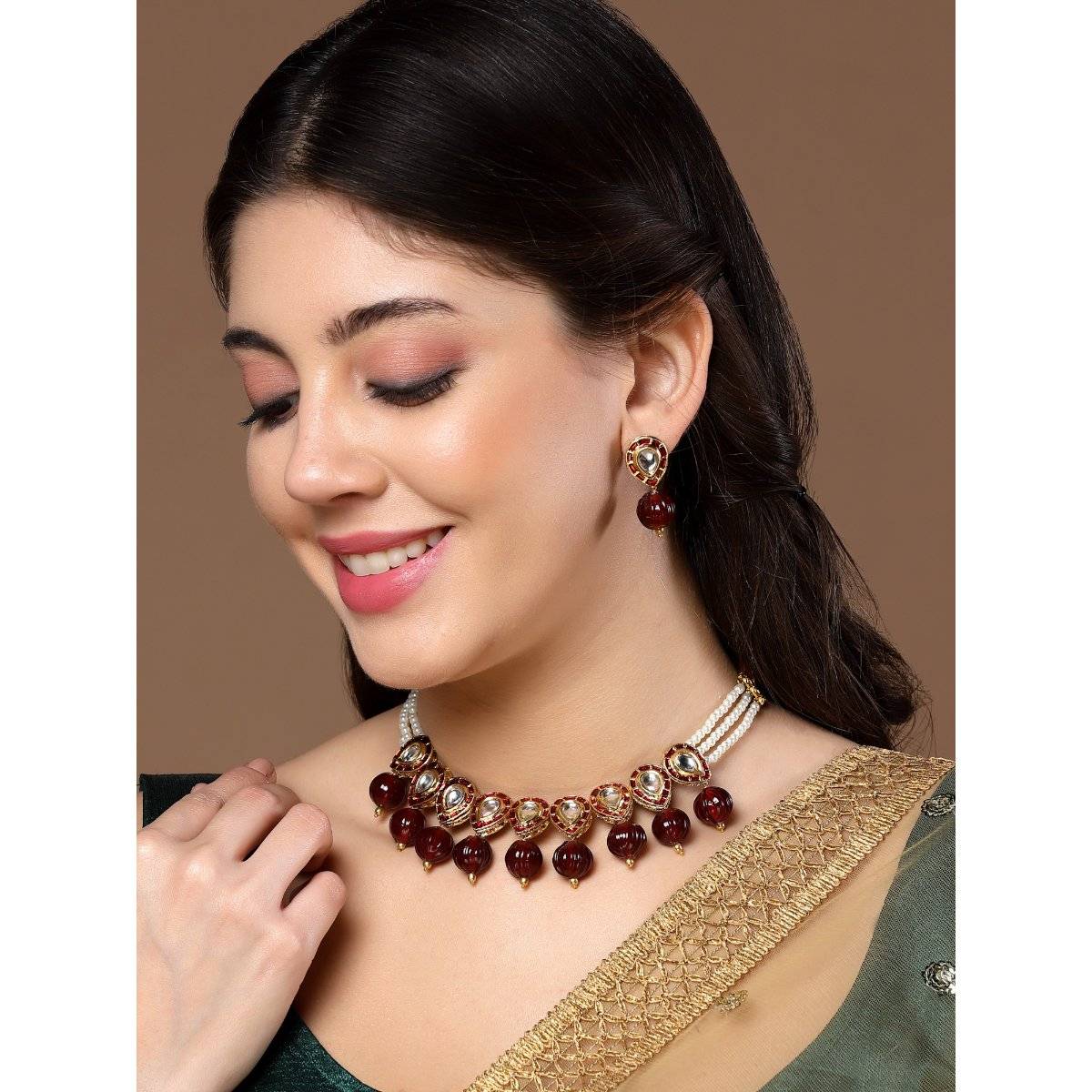 Dugran By Dugristyle Maroon & White Drop Earring with Kundan & Natural Stones