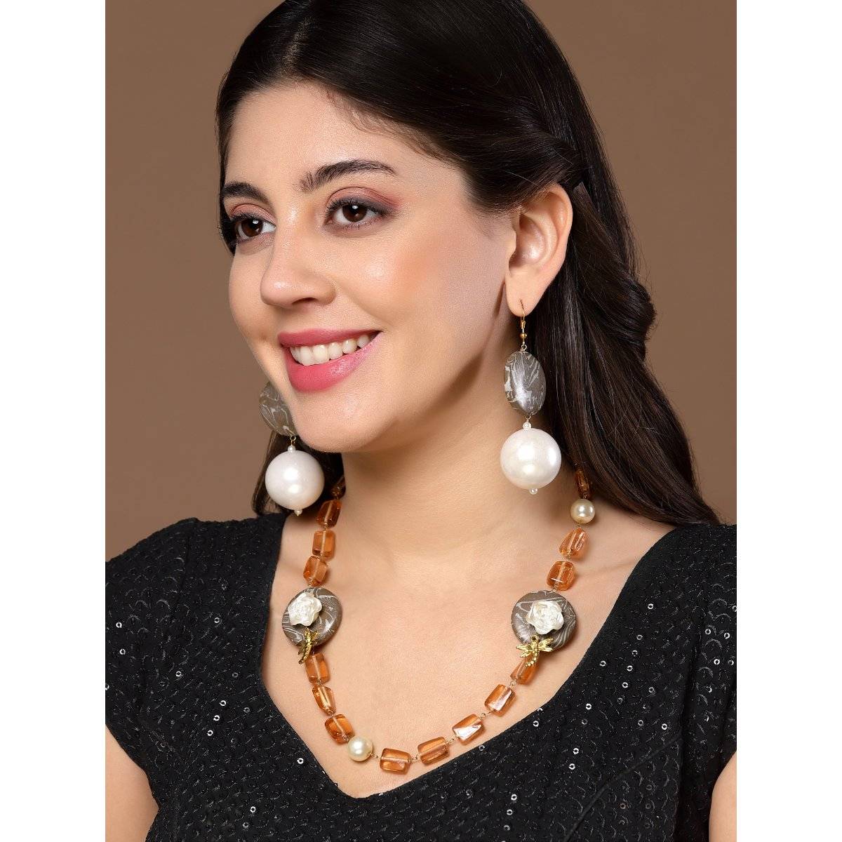 Dugran By Dugristyle Brown & White Drop Earring with Pearls & Natural Stones