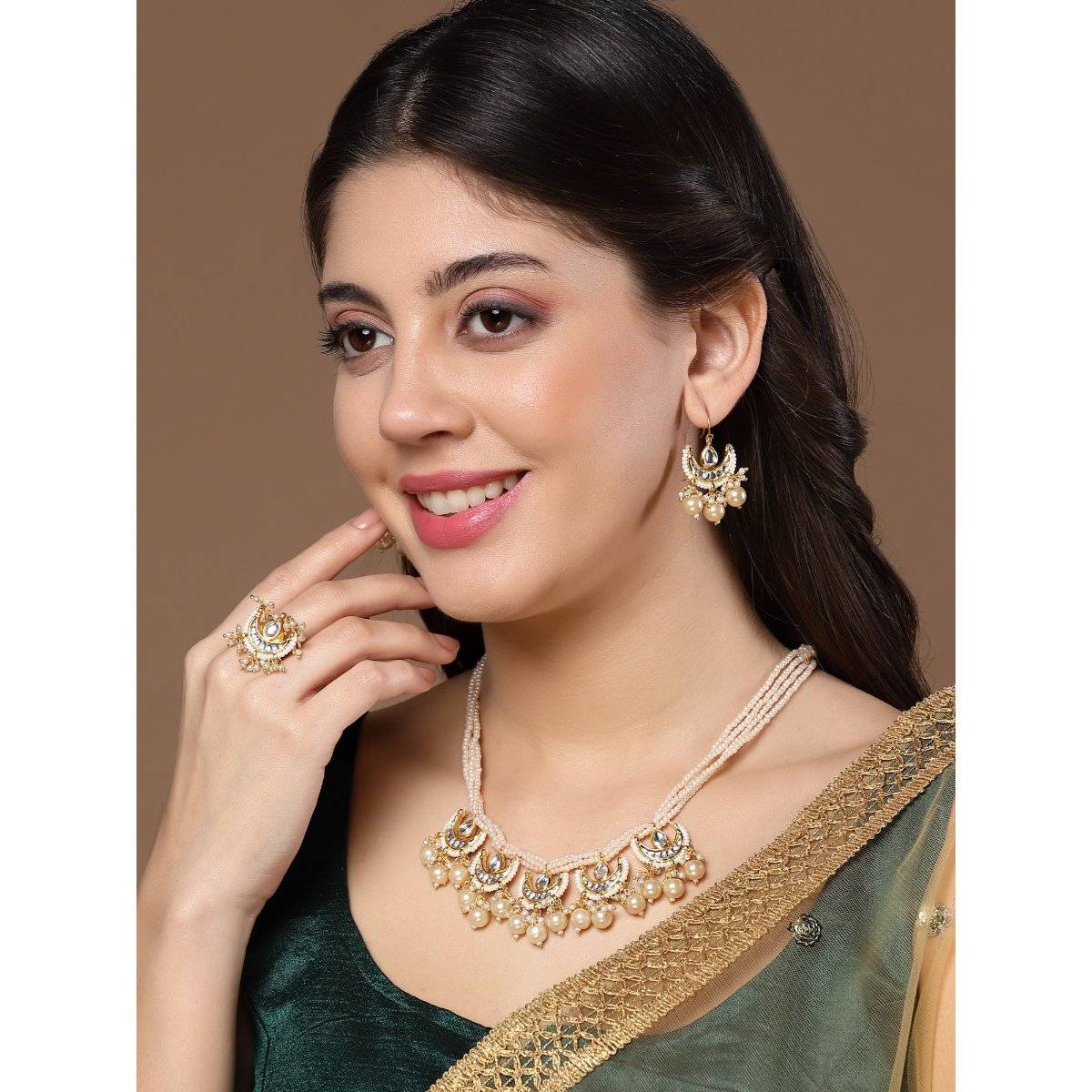 Dugran By Dugristyle Cream & Gold Ring with Kundan & Pearls
