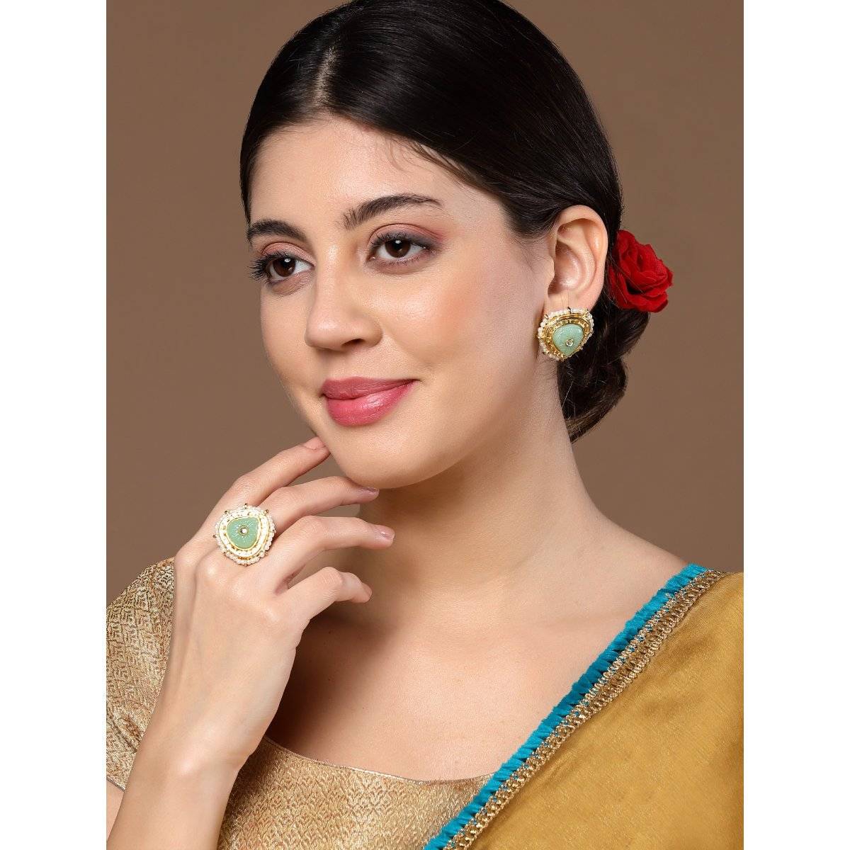 Dugran By Dugristyle Green & Cream Adjustable Ring with Kundan & Pearls