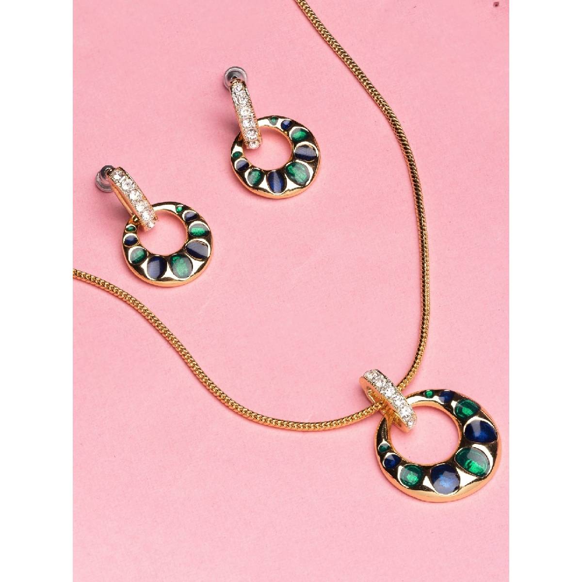 Estele Gold Plated Round-Shaped Necklace Set with Enamel & Crystals for Women