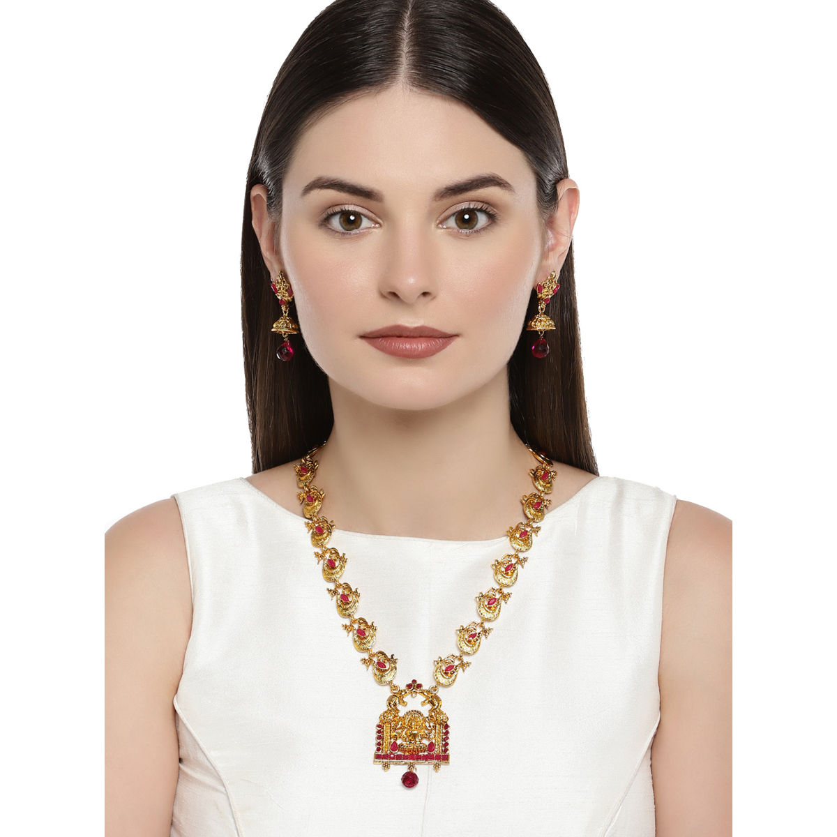 Zaveri Pearls Gold Tone Goddess Temple And Peacock Necklace And Earring Set 9807