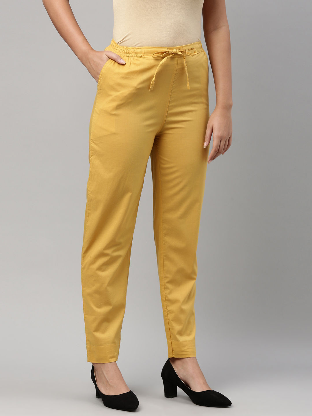 Aayna Plain Women Mustard Yellow Cotton Trouser Waist Size 300