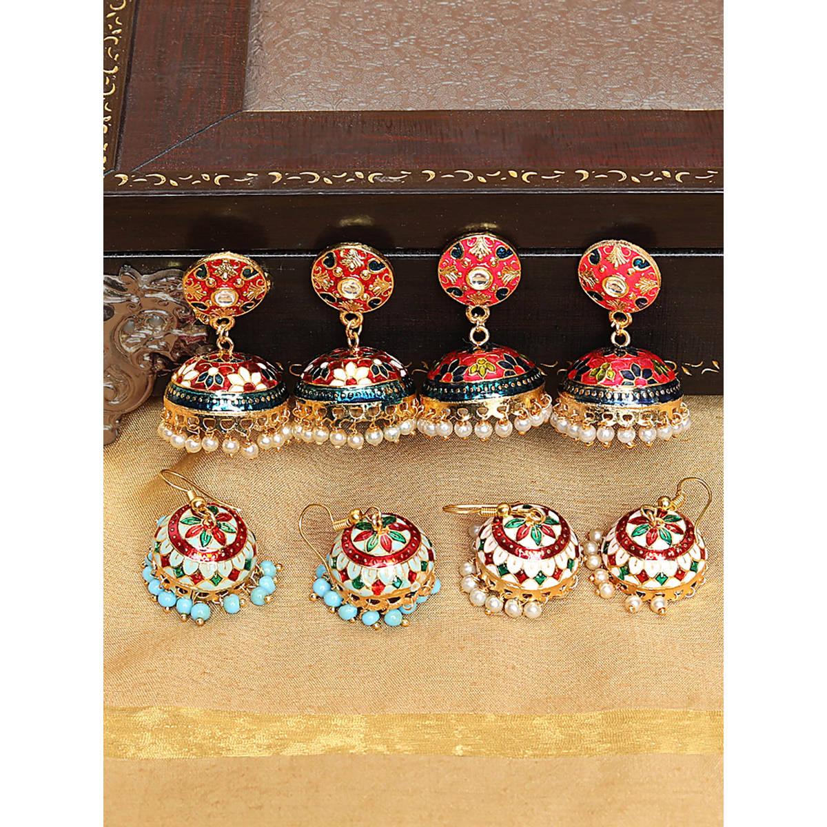 Yellow Chimes Combo 4 Pairs Handcrafted Meenakari Jhumka Earrings