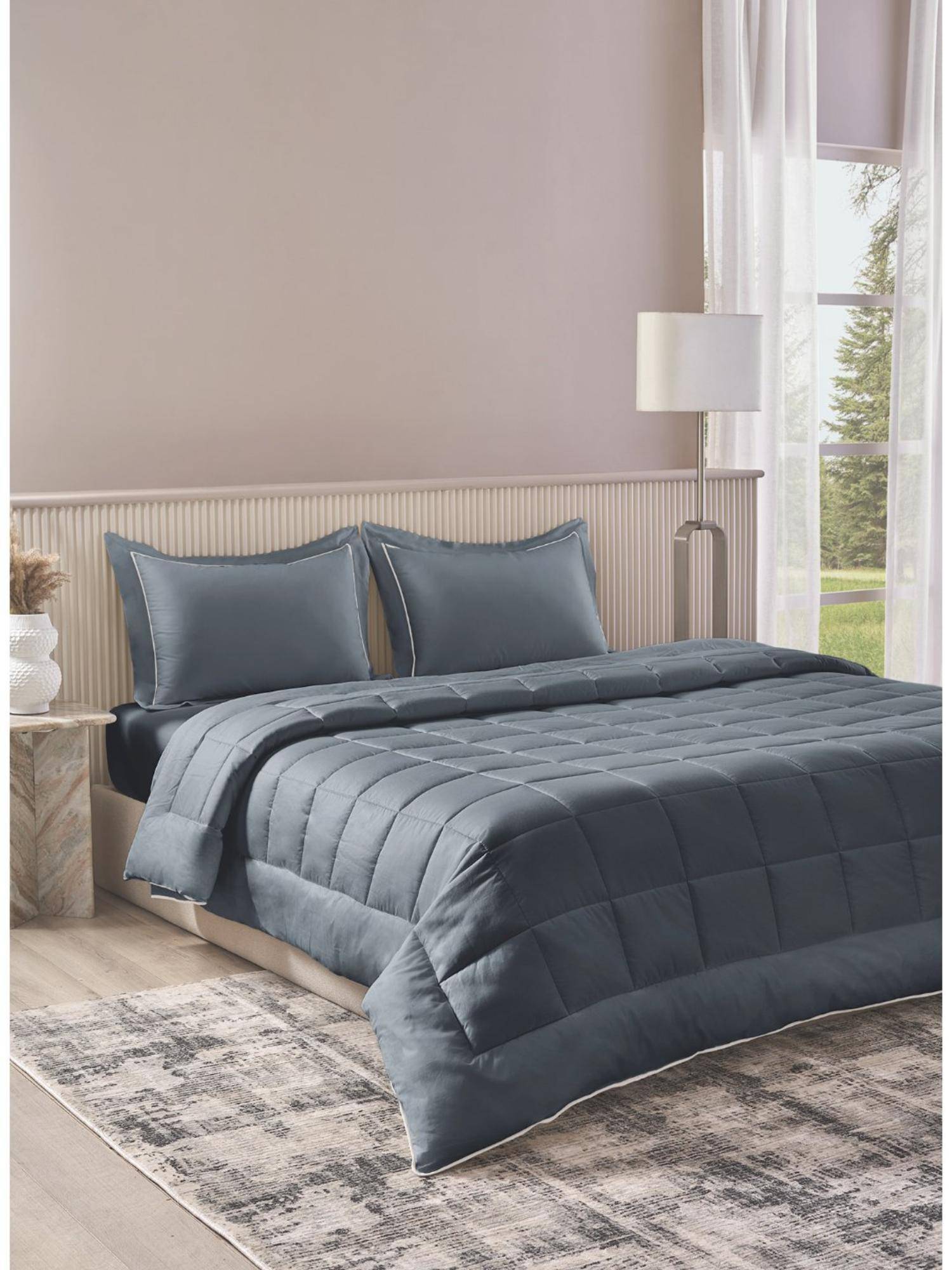 SANSAAR A D'DECOR BRAND LIVE CONSCIOUSLY Belmont-Slate Grey King Bedsheet with 2 Pillow Covers