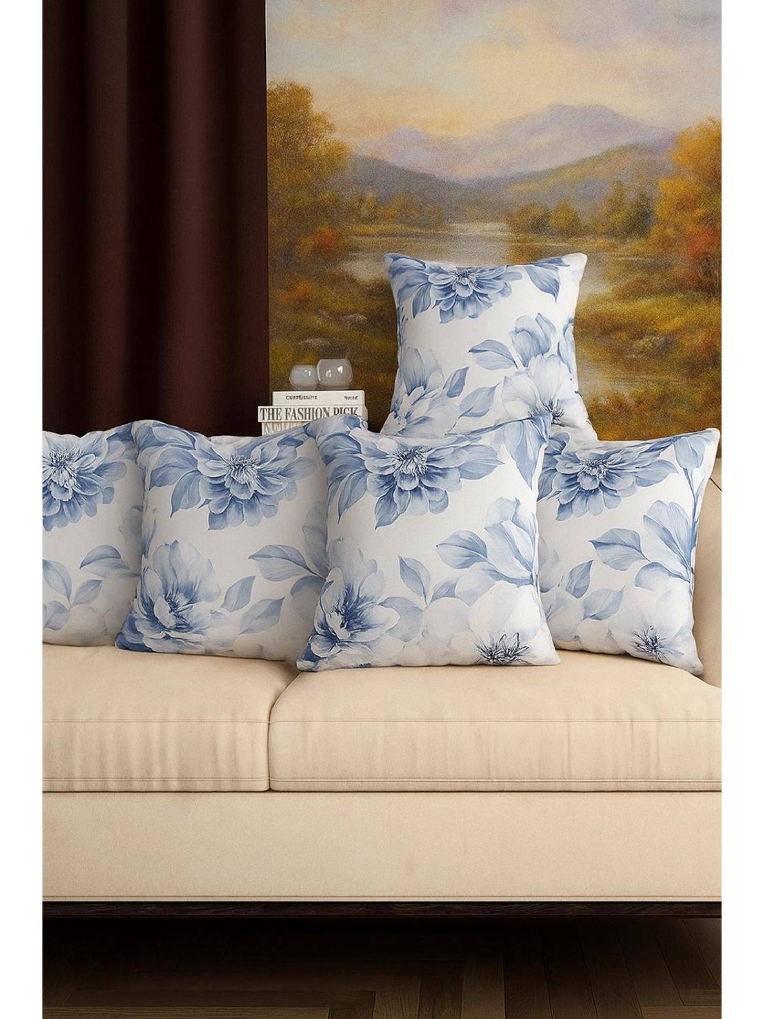 BAJO'S Cushion Cover Floral Blue Set of 5 (16x16 Inches)