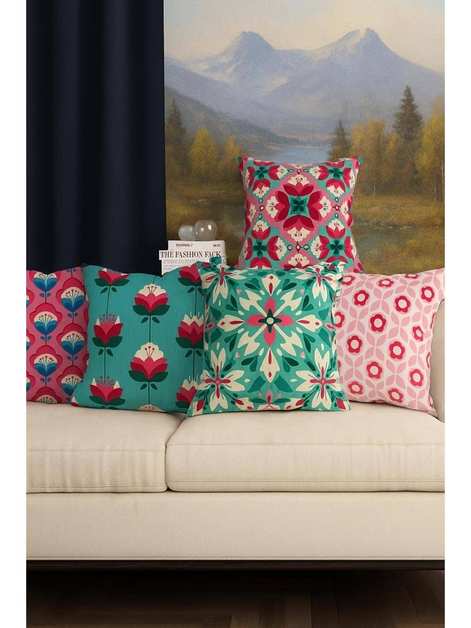 BAJO'S Cushion Cover Ethnic Multi-Color Set of 5 (16x16 Inches)