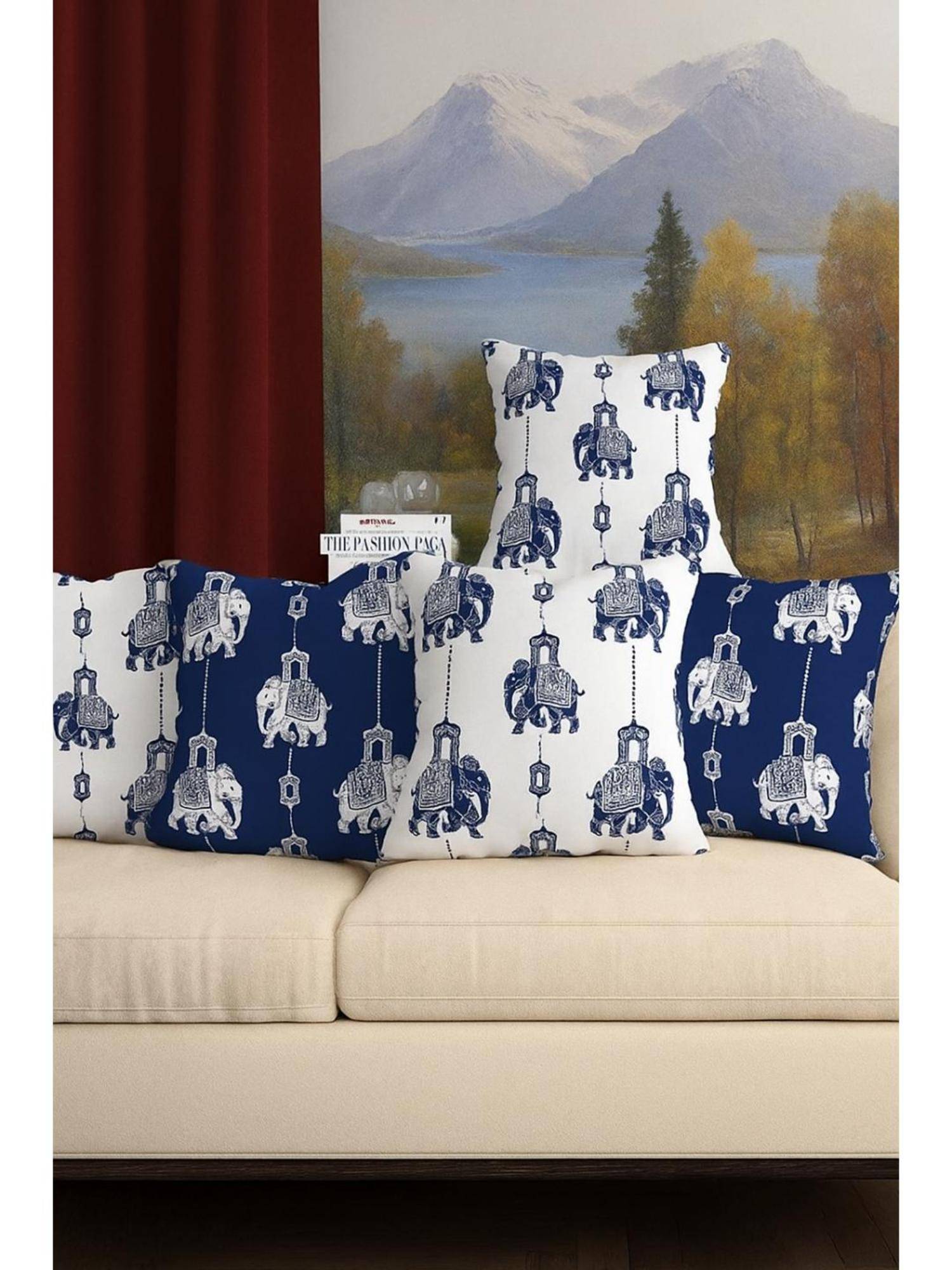 BAJO'S Cushion Cover Ethnic Blue Set of 5 (16x16 Inches)