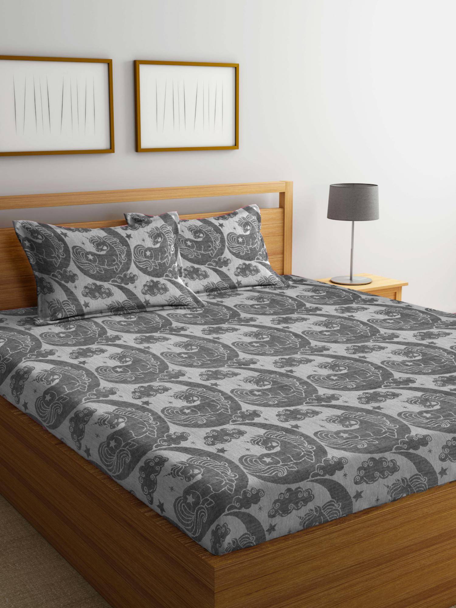 FABINALIV Grey Cartoon Design 100% Cotton Handwoven King Size Double Bedsheet With 2 Pillow Covers