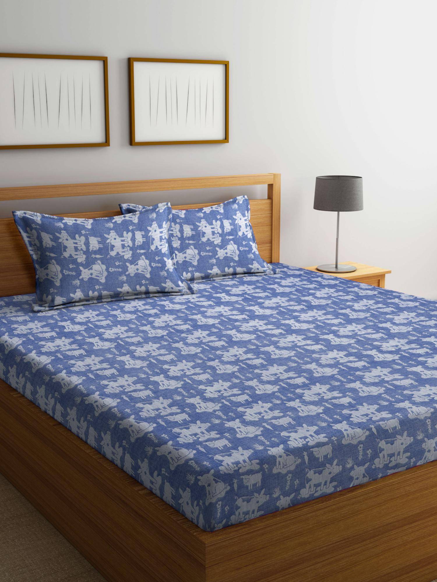 FABINALIV Blue Cartoon Design 100% Cotton Handwoven King Size Double Bedsheet With 2 Pillow Covers