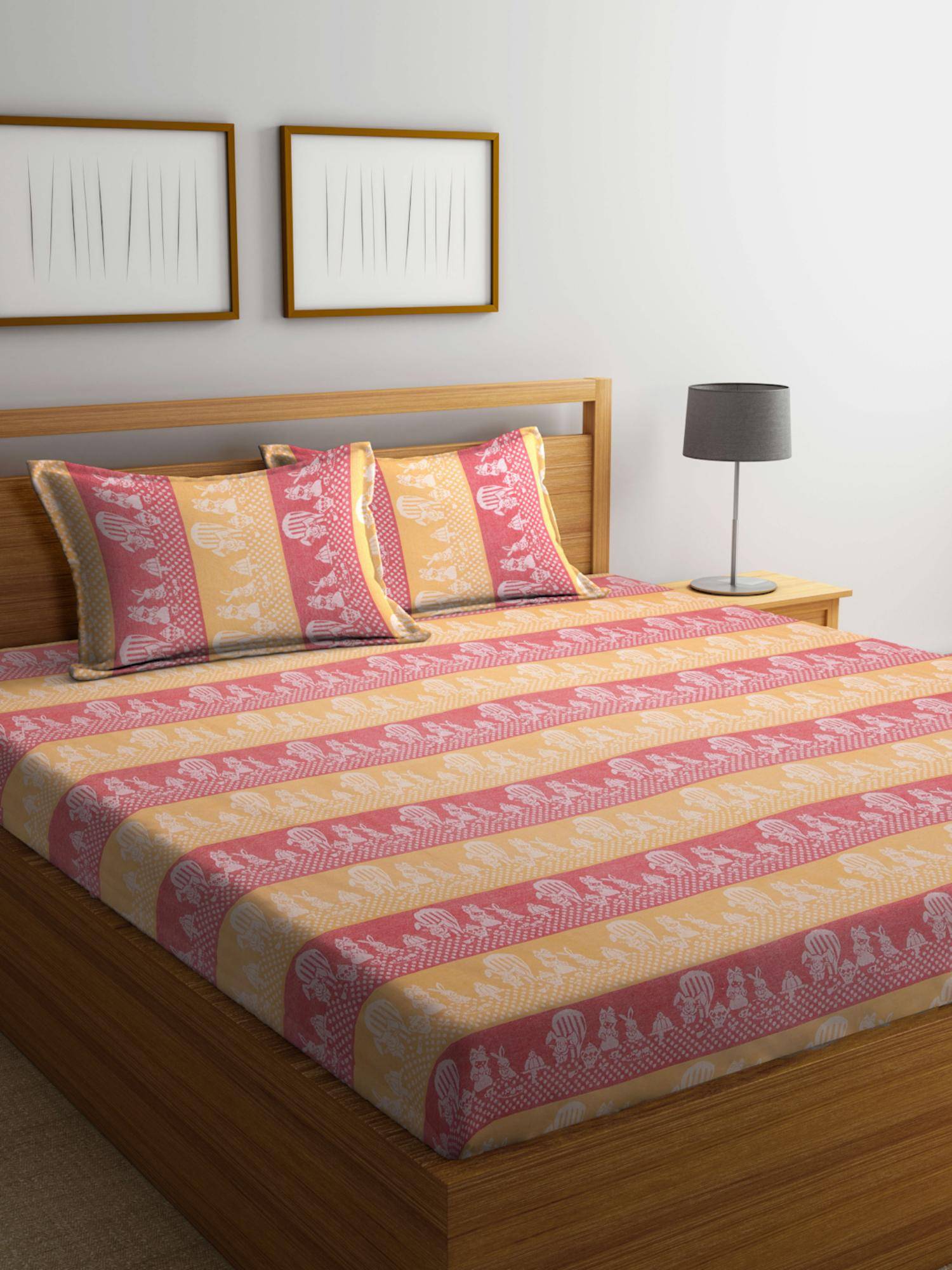 FABINALIV Multicolor Cartoon Design 100% Cotton Handwoven King Bedsheet With 2 Pillow Covers