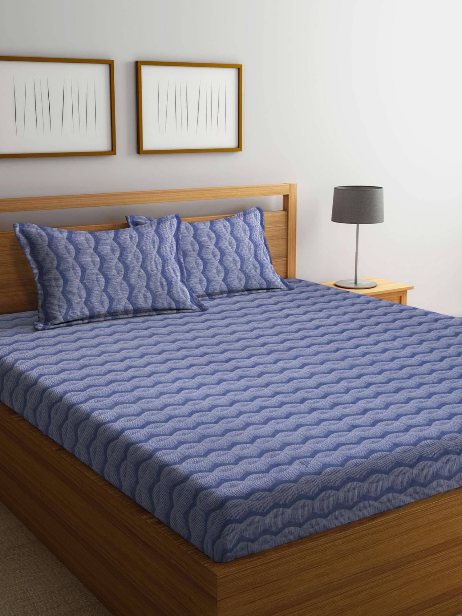 FABINALIV Blue Chevron 100% Cotton Handwoven King Size Double Bedsheet With 2 Pillow Covers