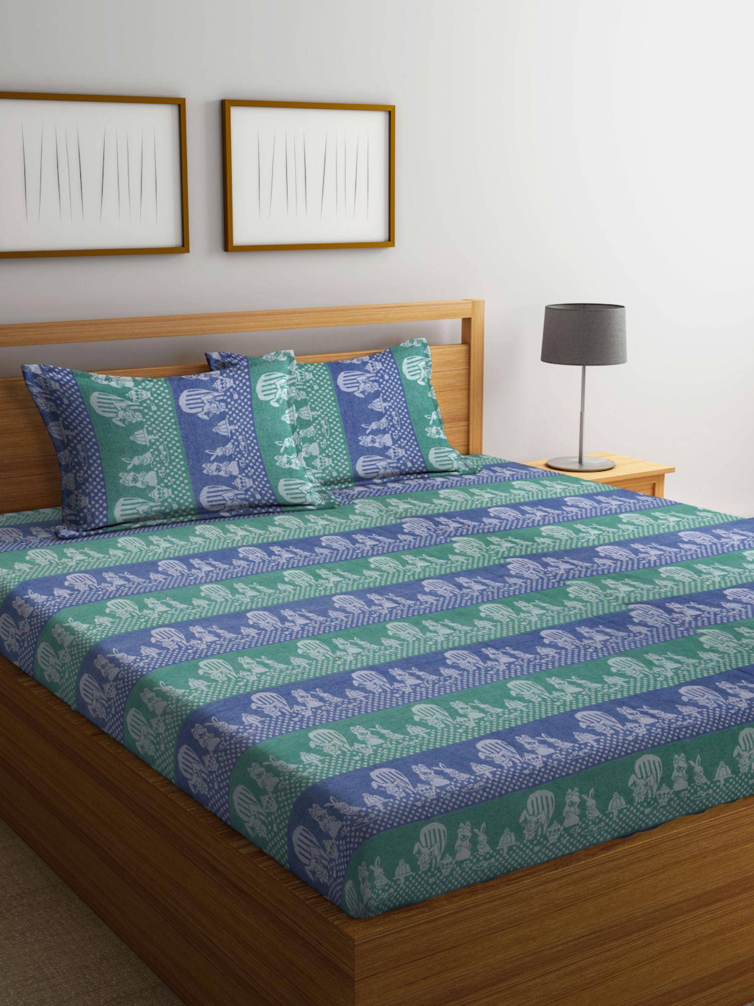 FABINALIV Multicolor Cartoon Design 100% Cotton Handwoven King Bedsheet With 2 Pillow Covers
